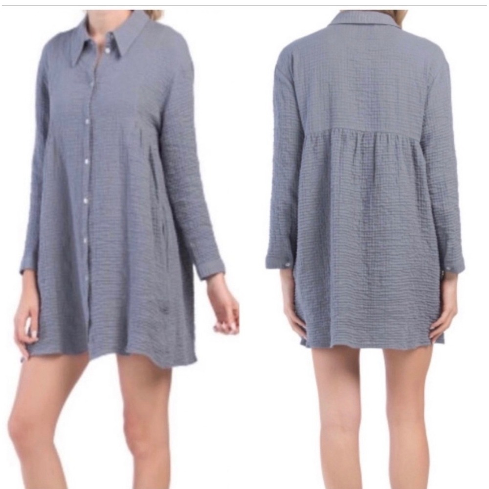 Zara Crinkle Gauze Babydoll Mini‎ Shirt Dress Tunic Blue Button Down Womens XS